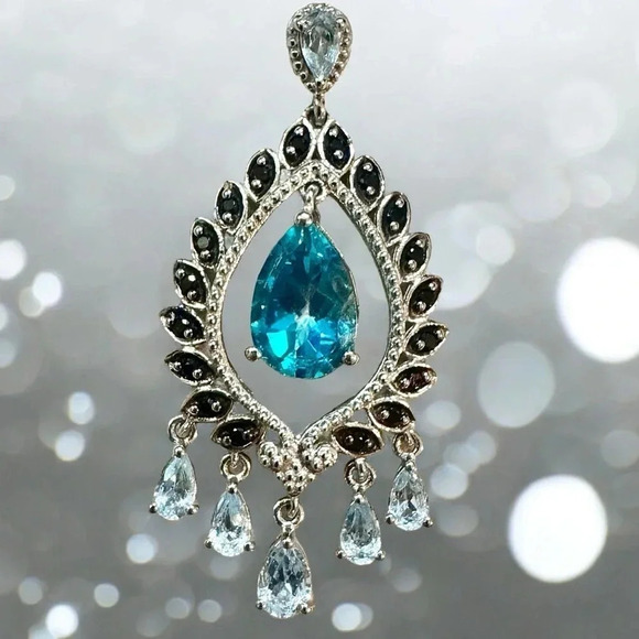 Swiss Blue Topaz|Aquamarine|Onyx Chandelier Sterling Silver Pendant - Picture 6 of 13
